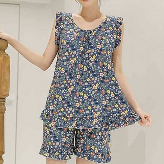 GLAM GONGGAM 女款人造絲星星背心荷葉邊兩件式睡衣上下套裝