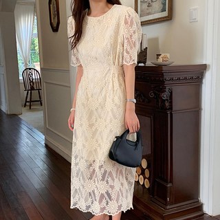 ViVEMO 奢華優雅女王蕾絲刺繡洋裝 03290, 白色