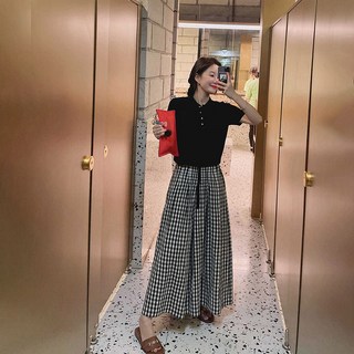 Elsso 格紋高腰寬版裙褲