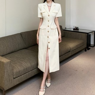 ViVEMO 夏季高階翻領鈕扣口袋修身西裝連身裙 03524, 象牙白