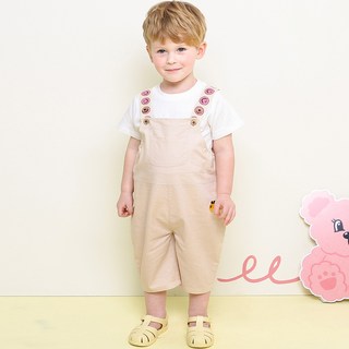 milk mile 童款笑臉圖案肩帶鯨魚刺繡工裝風亞麻吊帶褲