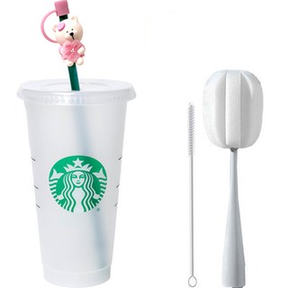STARBUCKS 星巴克 可重複使用櫻花熊冷水杯 709ml + 吸管塞 + 吸管清潔刷 + 隨行杯清潔刷 隨機出貨套組, 單一顏色, 1個