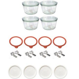 WECK 기본형 PE 뚜껑 + 유리용기 + 유리뚜껑 + 고무링 + 클립 2p 풀 세트 밀크 370ml No.741, 4세트, 5종