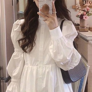 女神風荷葉泡泡長袖連身長裙, 白色