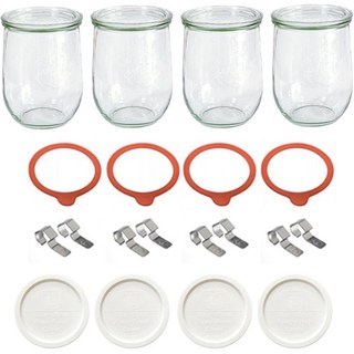 WECK 튤립형 PE밀크 풀구성 1062ml No 745 4종 세트, 1세트, 유리몸체 4p + 유리뚜껑 4p + 고무링 4p + 클립 8p + PE 4p