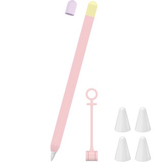 JROAD Apple Pencil 1代 三件組保護套 + 矽膠筆尖套 4入 + 充電線固定器組合, 牛奶粉 + 亮黃色 + 紫色, 1套