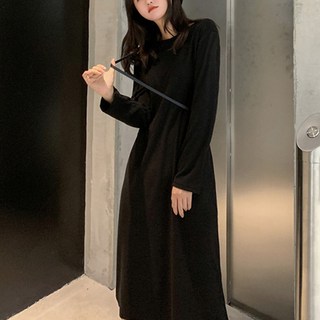 Elsso 素色長袖連身裙, 黑色