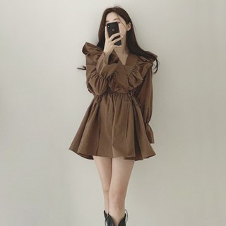 elsso. Fall in Love V領荷葉邊連身短裙, 棕色