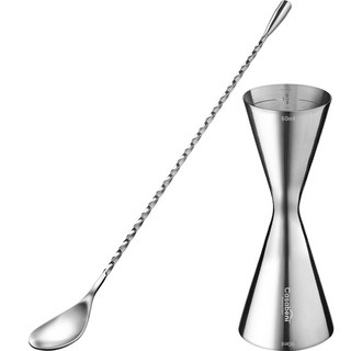 Casabeni 居家調酒用全不鏽鋼雞尾酒計量量酒器 60ml / 90ml + 30cm吧叉匙組合, 混合色, 1套