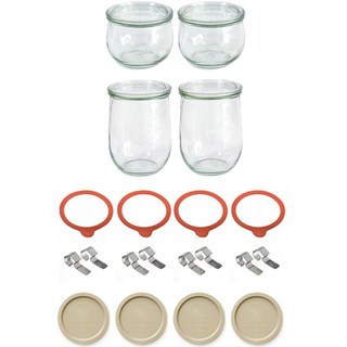 WECK 鬱金香款玻璃收納瓶 7款組, 收納瓶 745 1062ml 2入+收納瓶 744 580ml 2入+玻璃蓋 2款 2入+橡膠圈 L 4入+夾子 8入+PE蓋 米色 4入, 1組