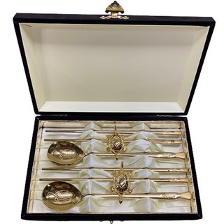 Willive 304不鏽鋼鈦金烏龜筷架 + 餐具2套組, 金色, 湯匙 2p + 筷子 2p + 筷架 2p + 收納盒