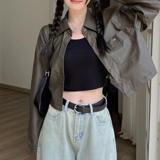 ViVEMO 女性獨特後背線條短版皮革質感夾克 04744