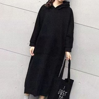 大尺碼長袖連帽連身長裙, 黑色