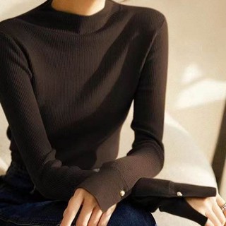 Paperments 女士鈕扣袖開衩高領內搭長袖T恤 07001