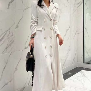 ViVEMO 側邊百褶長版西裝式大衣洋裝 05143, 白色