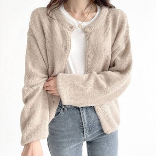 Planday 女款羊毛羊駝毛圓領長袖寬鬆針織開襟衫