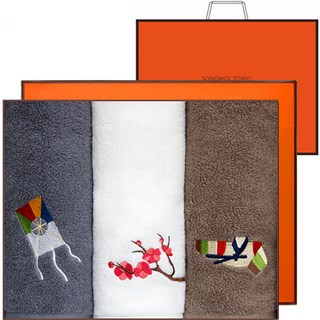 송월타월 고운자수 타월 3p 선물세트 150g 면사 + 쇼핑백, 아이보리 + 진회색 + 진갈색, 1세트