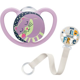 NUK Space夜光安撫奶嘴+專用奶嘴鍊組, 貓(奶嘴), S2(6~18個月), 1組