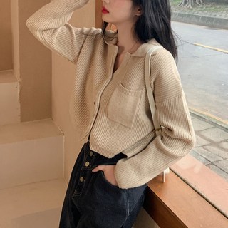 MEICHEL 女款翻領針織短版開襟衫 04230