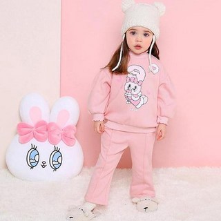 milkmile 女童款冬季艾絲樂小兔圖案荷葉邊設計刷毛長袖上衣+靴型長褲套裝