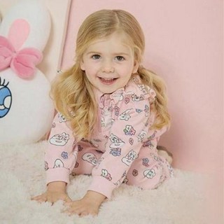 milkmile 女童款艾絲樂小兔花朵圖案荷葉邊刷毛長袖上衣+長褲套裝