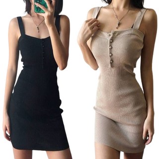 PEONIST 馬甲式修身連身裙 R 2件組, 黑色, 米色