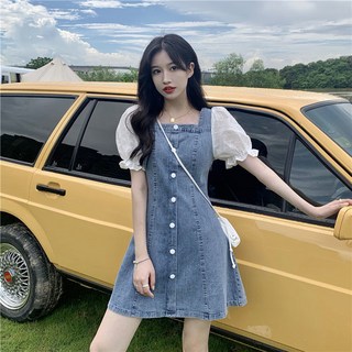 PEONIST 法式方領牛仔迷你連身裙, 單一顏色