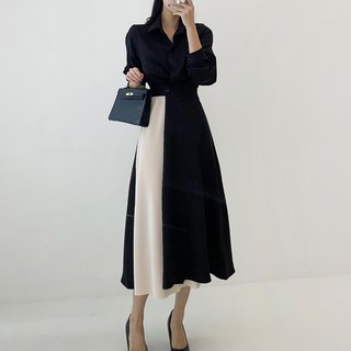 Paperments 翻領腰部鈕扣長版洋裝 08839, 黑色