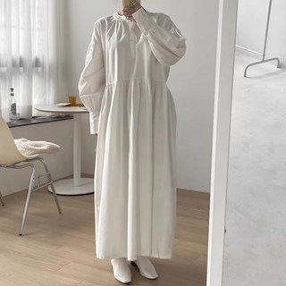 ATTERLIC 亨利領寬鬆版立體蓬肩連身裙 03381, 白色