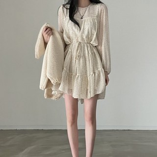 ViVEMO 圓領透膚柔美連身裙 06273, 杏色