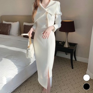 ViVEMO 翻領鈕扣側開衩連身裙 06353, 白色
