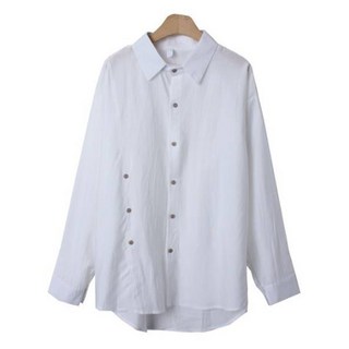 Chic Black 女款透氣Mirable翻領不對稱鈕扣寬鬆亞麻襯衫 cpnb2844k41