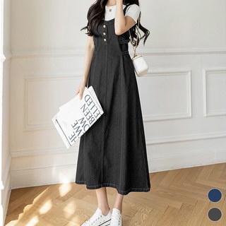 MEICHEL 大尺碼吊帶背心牛仔連身裙 04917 J, 黑藍