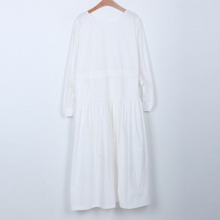 BBAEBBAE 女款抓皺泡泡袖綁帶長版洋裝, 白色