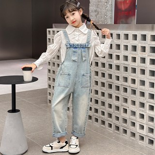 女童天藍色丹寧蝴蝶結飾帶點綴淺藍色春秋吊帶牛仔褲