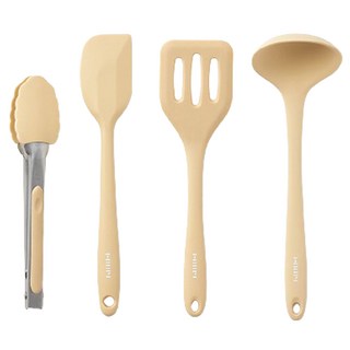 迷你矽膠廚具4件組, 鍋鏟 + 湯勺 + 刮刀 + 料理夾, 奶油黃, 1套