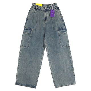 Planday 女款復古雙褶後鬆緊寬版牛仔工裝長褲