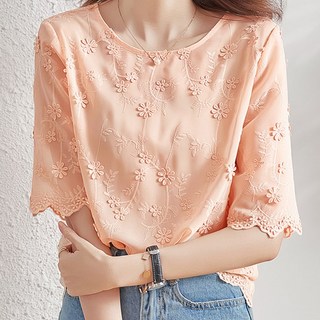 Paperments 蕾絲刺繡圓領短袖罩衫 22172