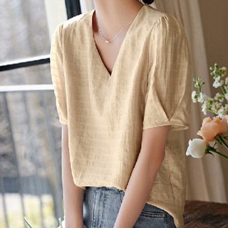 Paperments 女款荷葉袖V領夏季日常T恤 22490