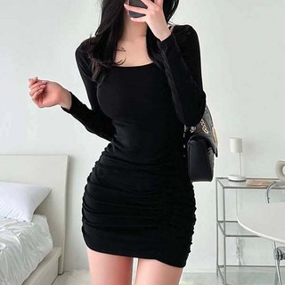 GLAM DIVV Themodia 鬱金香抓皺迷你連身裙 AD0791, 黑色