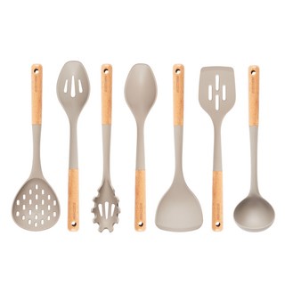 BESTHEIM 矽膠木柄廚具7件組, 灰色, 1套, 鍋铲 + 漏勺 + 湯勺 + 炒勺 + 多功能鍋铲 + 多功能勺 + 麵勺