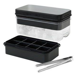 矽膠按壓大冰塊製冰盤 雙層儲存盒 + 冰夾套組, 黑色, 1套