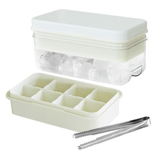 矽膠按壓大冰塊製冰盤 雙層儲存盒 + 冰夾套組, 白色, 1套