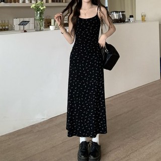ViVEMO Tish 碎花細肩帶長洋裝 06989, 黑色 長版