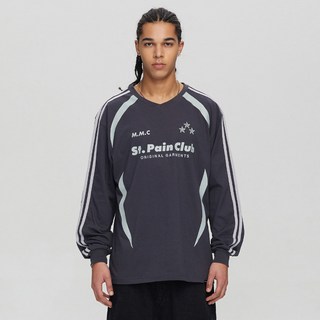 saintpain M M C 徽章線條長袖透氣長袖T恤, 炭灰色