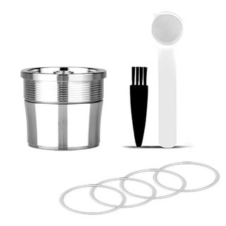 KALDIN 高級款 illy 兼容不鏽鋼可填充可重複使用半永久膠囊 + 4入橡膠圈 + 湯匙 + 清潔刷套組, 銀色(清潔刷), 1套