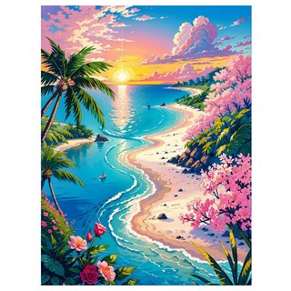 알로데 핑크꽃으로 물든 해변 벽 장식 스퀘어 DIY 보석십자수 40 x 50 cm, NO 14, 1개