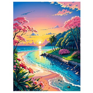 알로데 핑크꽃으로 물든 해변 벽 장식 라운드 DIY 보석십자수 40 x 50 cm, NO 03, 1개