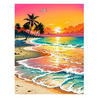 알로데 핑크꽃으로 물든 해변 벽 장식 스퀘어 DIY 보석십자수 60 x 80 cm, NO 19, 1개