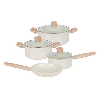 HOMEPOWE IH爐適用Brilla系列木質握把陶瓷鍋具組, 單柄鍋 18cm+雙耳鍋 20cm+雙耳鍋 24cm+平底鍋 24cm, 象牙白, 1組